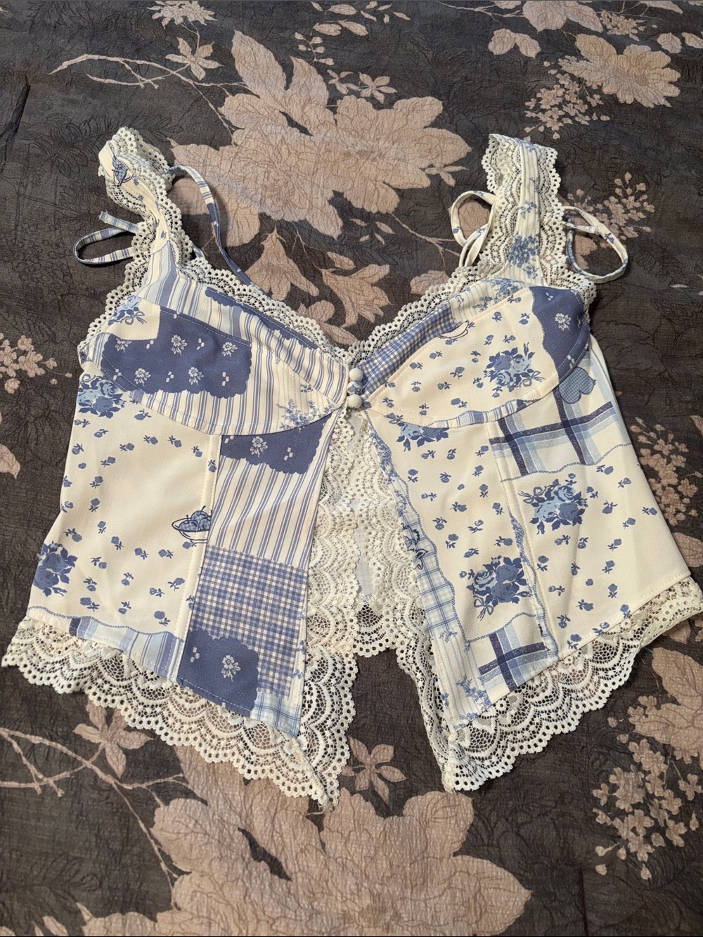 NWOT Out from under blue & Cream Lace Trim Patchwork Cami Top